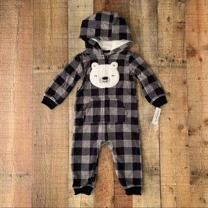 Carter’s baby boy zip up bear fleece hooded black and gray one piece jumpsuit